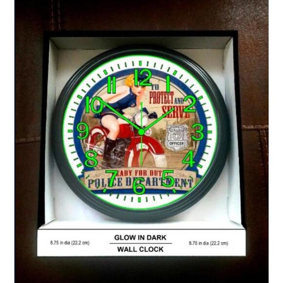 Retro Police Garage Pin-Up Glow In The Dark Wall Clock New!